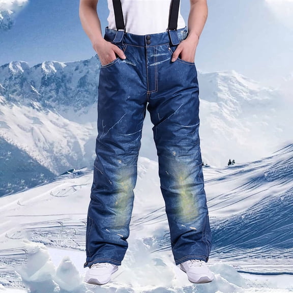 Frnrwgo Mens Ski Snowboard Bib Overalls Waterproof Windproof Thickened Denim Style Winter Outdoor Pants