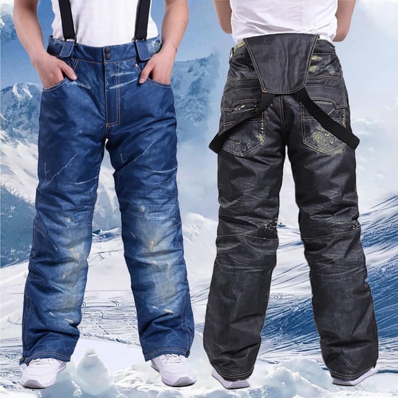 Frnrwgo Mens Ski Snowboard Bib Overalls Waterproof Windproof Thickened Denim Style Winter Outdoor Pants