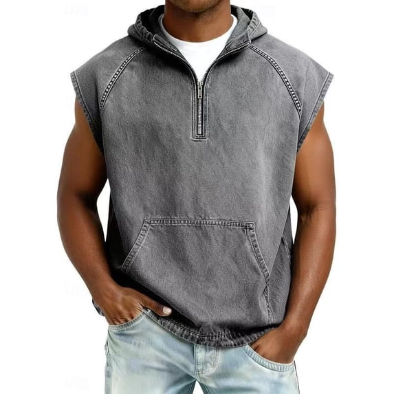 Frnrwgo Mens Sleeveless Hooded Denim Shirts Quarter Zip Solid Color Washed Casual Top for Daily Holiday Wear