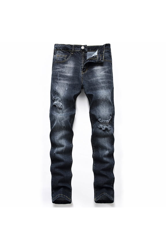 Mens Slim Cut Jeans Ripped Straight Leg Distressed Breathable Summer Vacation Denim Pants