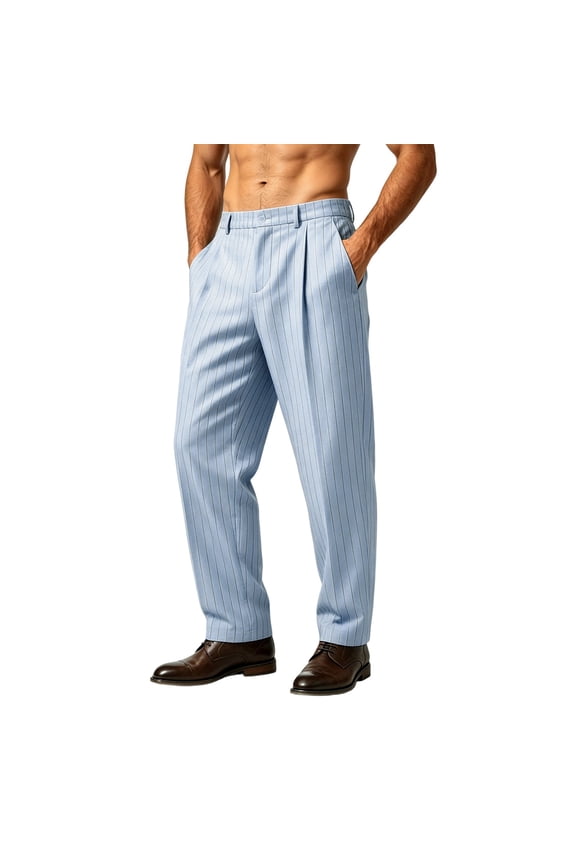 Mens Striped Pleated Dress Pants, Straight Leg Loose Fit Trousers with Side Pockets for Business Casual Wear