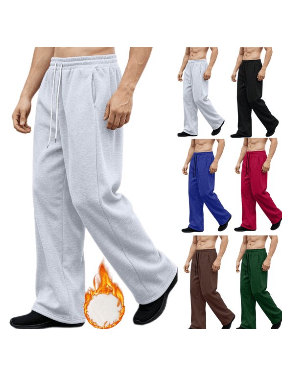 Mens Sweatpants Fleece Lined Drawstring Waist Wide Leg Straight Casual Pants with Pockets