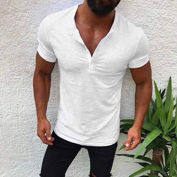 Frnrwgo Mens T Shirt Comfort V-Neck Summer Tees Short Sleeve Solid Color Fitness Button Stylish Top