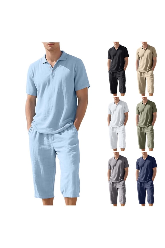 Mens Track Suits 2 Piece Linen Beach Set Short Sleeve Button T-Shirt and Drawstring Elastic Waist Shorts Breathable Lightweight Summer Outfits