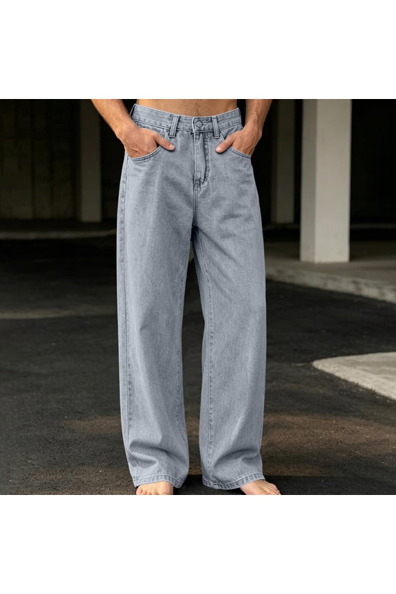 Mens Women Jeans Loose Straight Wide Leg Drawstring Elastic Waist Casual Daily Denim Pants