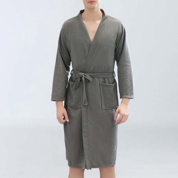 Frnrwgo Mens Yukata Robe Soft Lightweight Tie Waist Pockets Solid Color Home Bathrobe