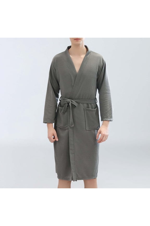 Mens Yukata Robe Soft Lightweight Tie Waist Pockets Solid Color Home Bathrobe