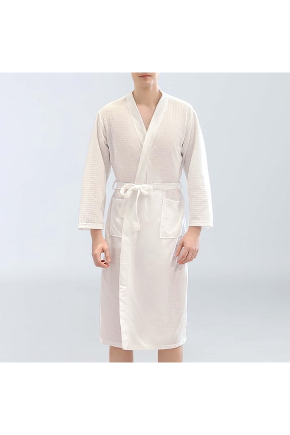 Mens Yukata Robe Soft Lightweight Tie Waist Pockets Solid Color Home Bathrobe
