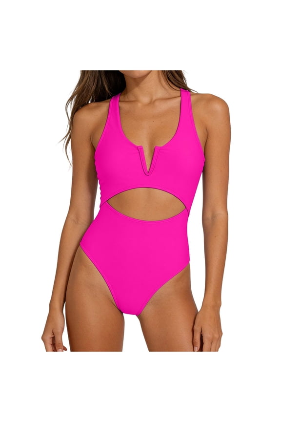 One Piece Swimsuit for Women Sleeveless Cutout Open Back Slim Fit Swimwear Monokini Bathing Suit