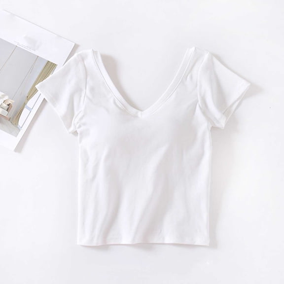 Frnrwgo Pajama Tops for Women Ribbed Built-in Bra, V-Neck Solid Color Casual Shirts, Short Sleeve Wrap Style Home Loungewear