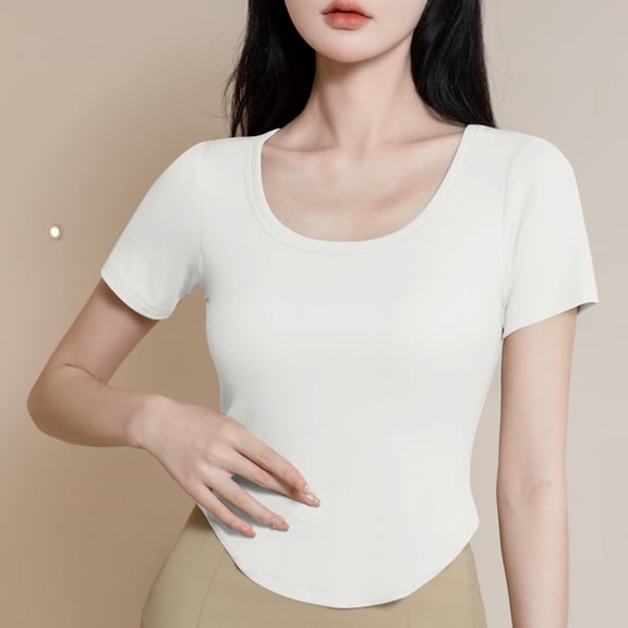 Frnrwgo Pajama Tops for Women with Built-in Bra, Casual Short Sleeve Crewneck Homewear, Fashion Cozy Summer Loungewear Shirt