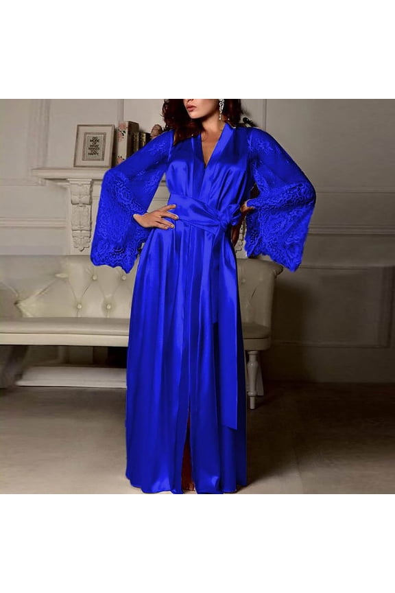 Satin Robe for Women Belted V Neck Lace Trim Full Length Silk Robe Soft Cozy Sleepwear
