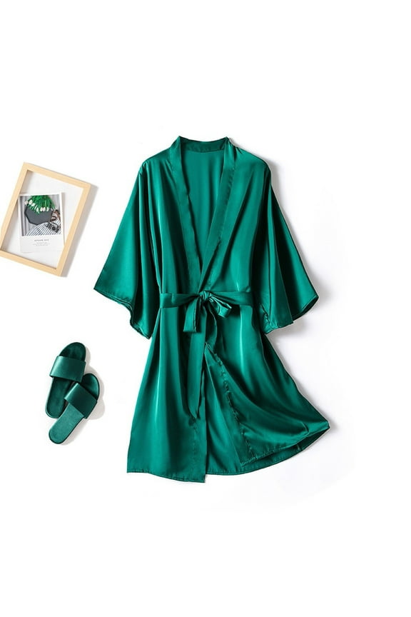 Satin Robe for Women V Neck Short Sleeve Belted Silk Robe for Bridal Wedding Party