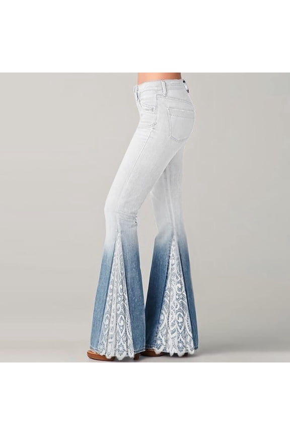 Stretchy Flared Jeans for Women Button Lace Straight Leg Trendy Bell Bottom Denim Pants