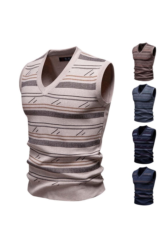 Stripe Sweater Vest for Men British Style V-Neck Elastic Knit Fleece Lined