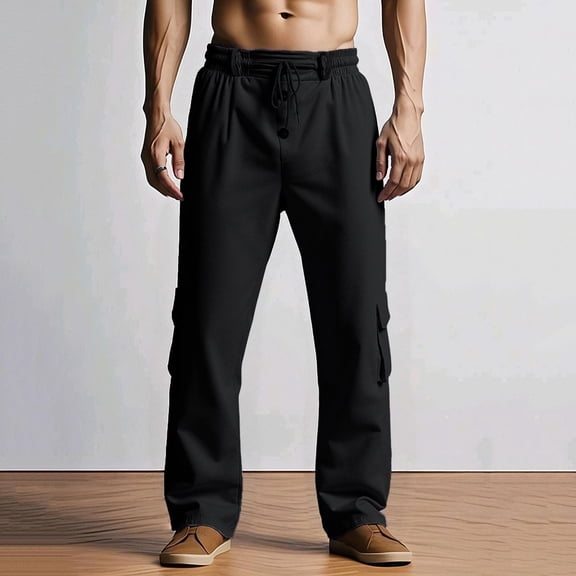 Frnrwgo Sweatpants for Men, Solid Color Casual Fashion Straight Trousers, Beach Workwear Button Linen Pants