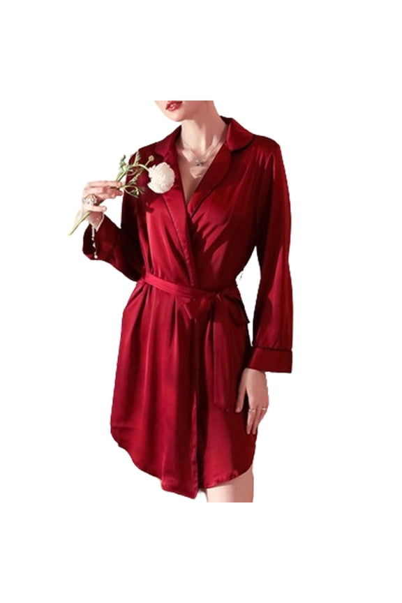 Women Bath Robe Long Sleeve V Neck Belted Short Silk Robe Soft Cozy Nightwear