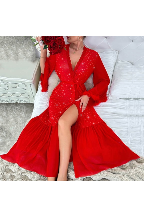 Women Bath Robe Lounge Mesh Sequin Full Length Belted Ruffle Hem Sleepwear for Summer