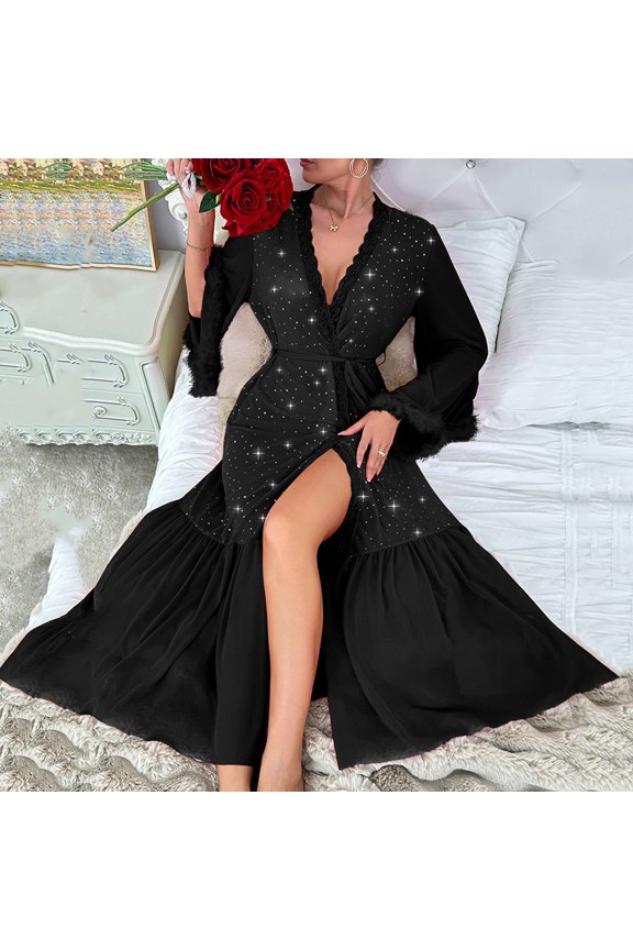 Women Bath Robe Lounge Mesh Sequin Full Length Belted Ruffle Hem Sleepwear for Summer