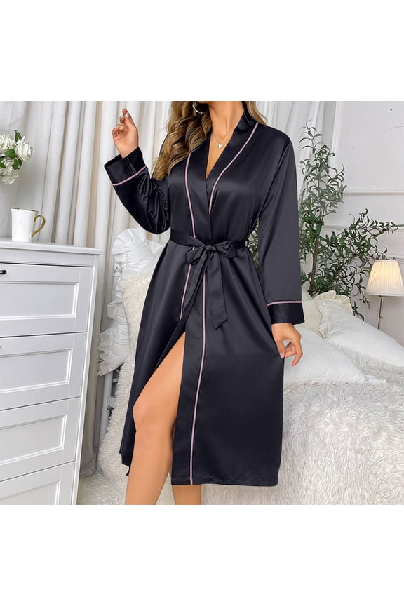 Women Bath Robe Silk Color Block V Neck Long Sleeve Belted Satin Robe Soft Cozy Sleepwear