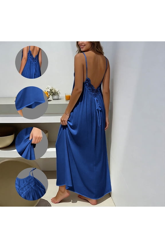Women Cami Dress Summer Sleeveless Lace Hem Open Back Solid Color Loose Fit Basic Lounge Maxi Dress