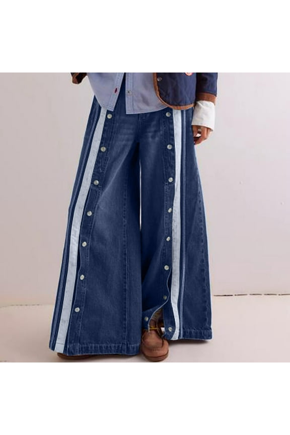 Women Casual Jeans Button Patchwork Stripes High Waisted Side Slit Wide Leg Loose Fit Denim Pants