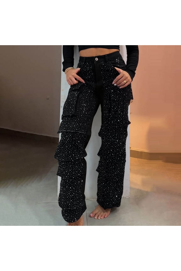 Women Jeans Trendy Button Rhinestone High Waisted Straight Leg Cargo Denim Pants with Pockets