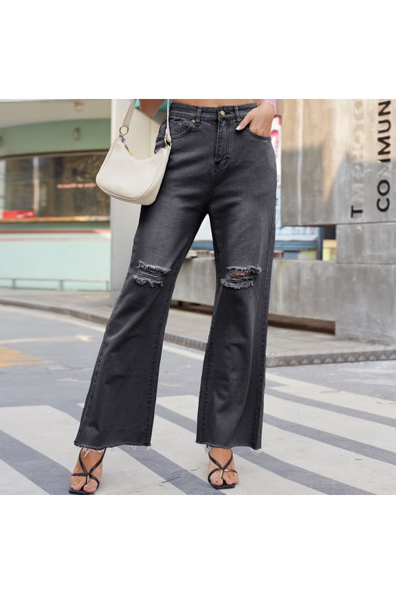 Women Loose Denim Pants Button Ripped High Waisted Wide Straight Leg Frayed Hem Relaxed Fit Jeans