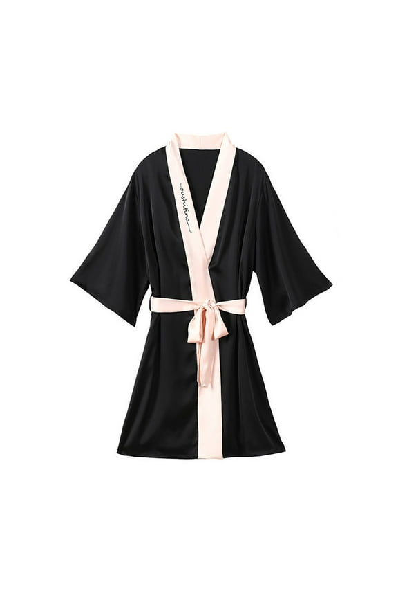 Women Robe Lightweight Half Sleeve Letter Print Color Block Belted V Neck Short Robe