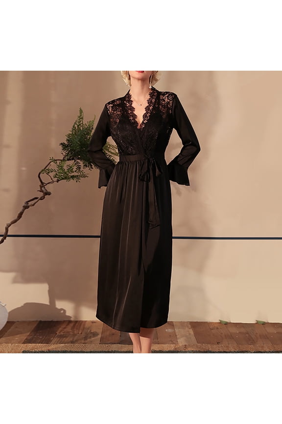 Women Satin Robe Ruffle Hem Long Sleeve V Neck Belted Lace Full Length Ladies Silk Sleepwear