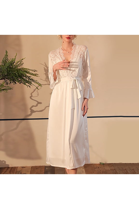 Women Satin Robe Ruffle Hem Long Sleeve V Neck Belted Lace Full Length Ladies Silk Sleepwear