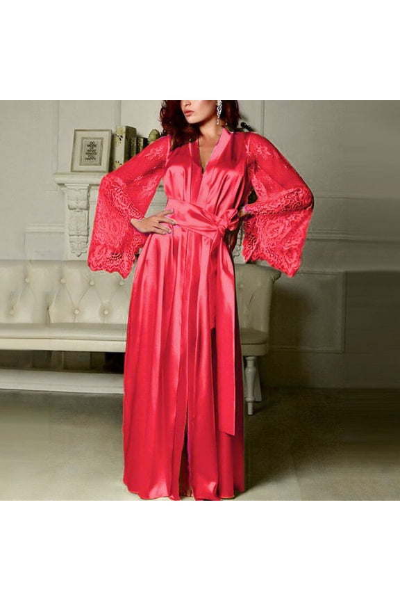 Women Silk Robe V Neck Long Sleeve Lace Trim Belted Full Length Satin Robe Sleepwear