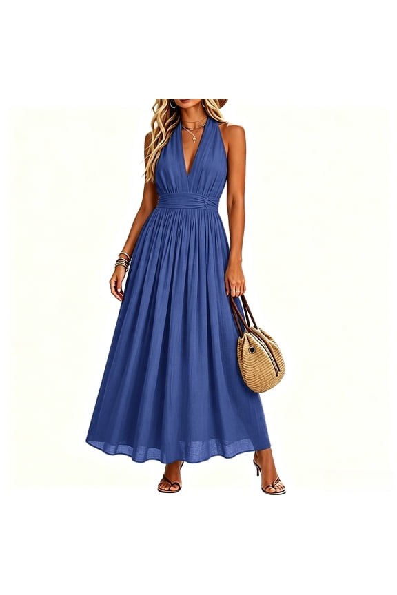 Women Summer Maxi Dress V Neck Sleeveless Waisted Pleated Solid Color Casual Floral Beach Vacation Dress