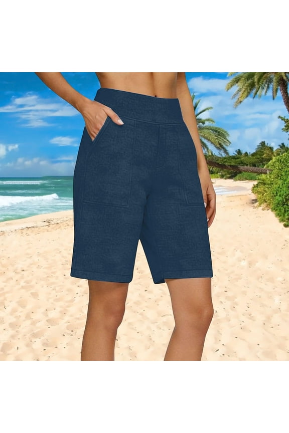 Women Summer Shorts High Waisted Casual Comfy Going Out Cotton Linen Shorts with Pockets