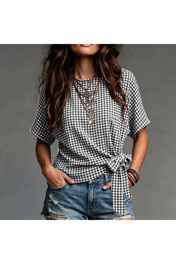 Women Summer T-Shirts Short Sleeve Grid Color Block Bow Top Casual Trendy Vacation Tops