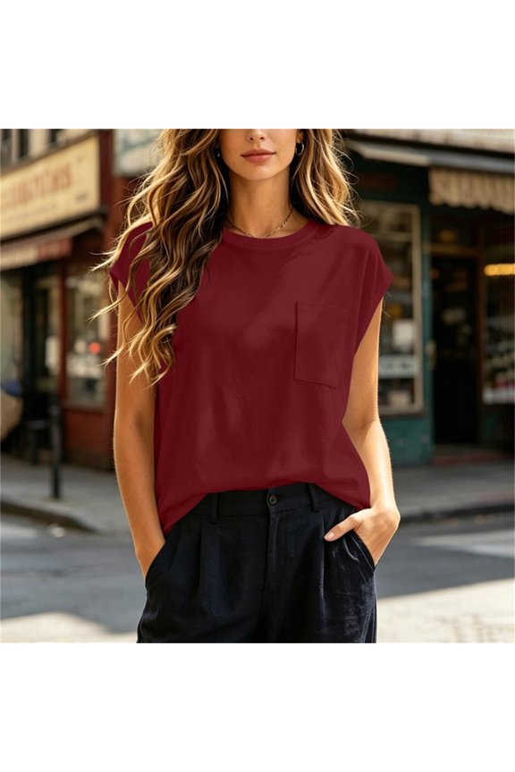 Women Summer T-Shirts Short Sleeve Solid Color Loose Fit Blouses Casual Basic Tops with Pocket
