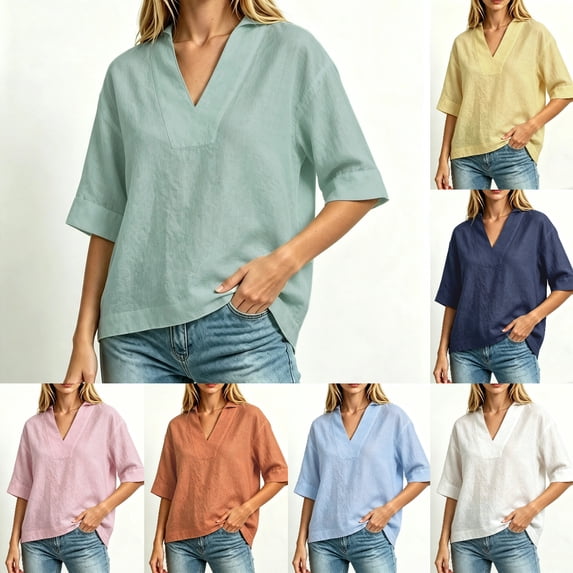 Asgosdo Summer Tops for Women Plus Size V Neck Half Sleeve Blouses Casual Soft Loose Fit Shirts