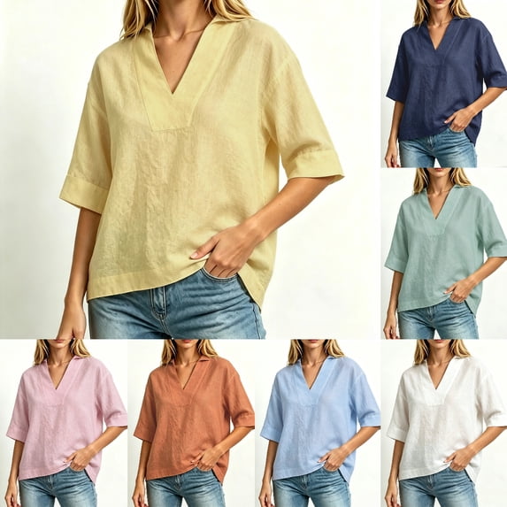 Asgosdo Summer Tops for Women Plus Size Half Sleeve V Neck Solid Color Loose Fit Blouses Basic Comfy Shirts