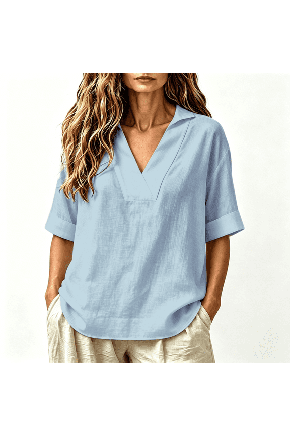 Cotton Linen Tops for Women Plus Size Half Sleeve V Neck Solid Color Loose Fit Blouses Basic Comfy Shirts