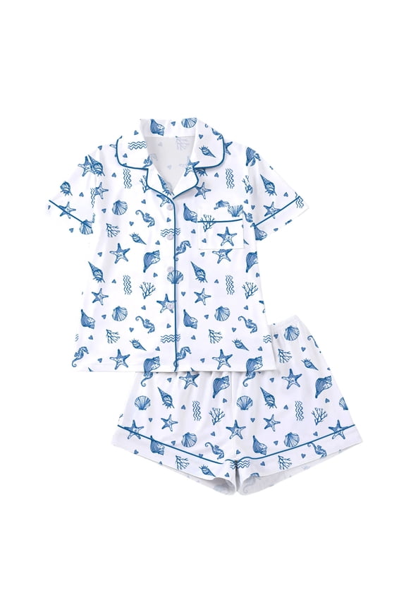 Women Two Piece Sets Shell Print Button Down Short Sleeve Top with Pockets and Shorts Pajamas Sleepwear