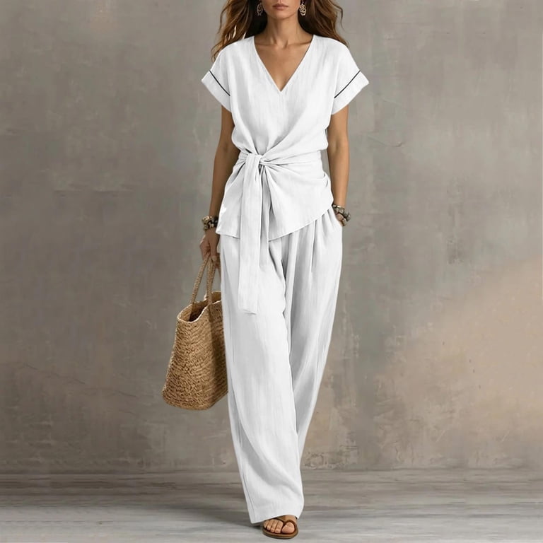 Frnrwgo Women Two Piece Sets V Neck Short Sleeve Top and Straight Leg with  Pockets Trendy Vacation Outfits - Walmart.com