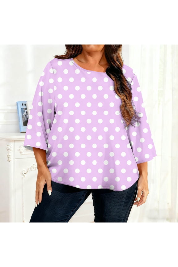 Womens 3/4 Length Sleeve Tops Loose Fit Crew Neck Shirt Elegant Print Cozy Blouse for Summer