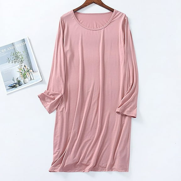 Frnrwgo Womens Nightdress V-Neck Long Sleeve Summer Sleepwear, Solid Color Round Neck Home Pajama Dress