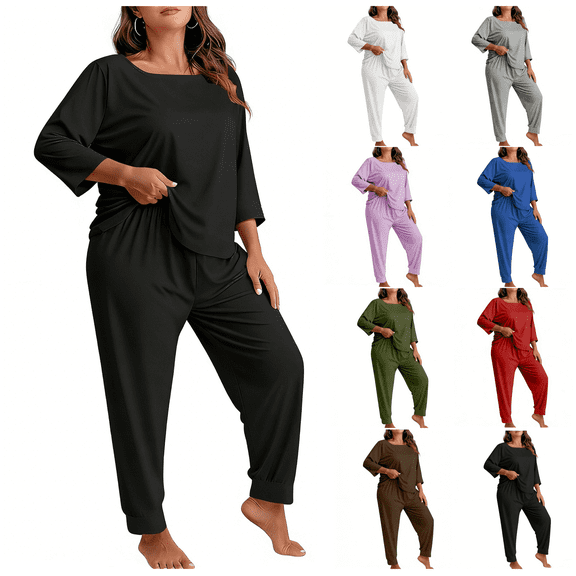 LIBRCLO Womens Pajama Sets Plus Size Fashion 3/4 Sleeve Lounge Wear Casual Solid Color Pants Sleepwear