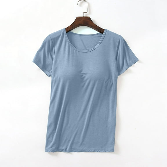 Frnrwgo Womens Pajama Tops with Built-in Bra Comfort Loose Casual Top Solid Color Round Neck Loungewear for Summer