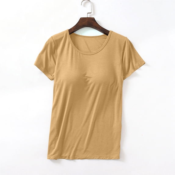 Frnrwgo Womens Pajama Tops with Built-in Bra Comfort Loose Casual Top Solid Color Round Neck Loungewear for Summer