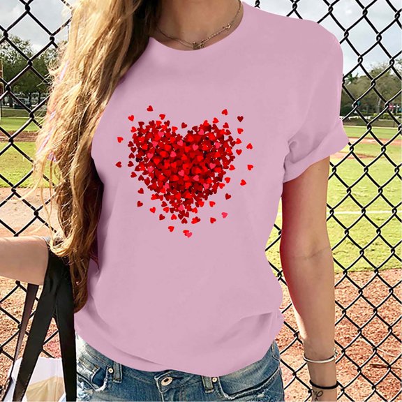 LIBRCLO Womens Shirts for Valentine Printed Fashion Short Sleeve Round Neck T-Shirt, Casual Holiday Spring Top