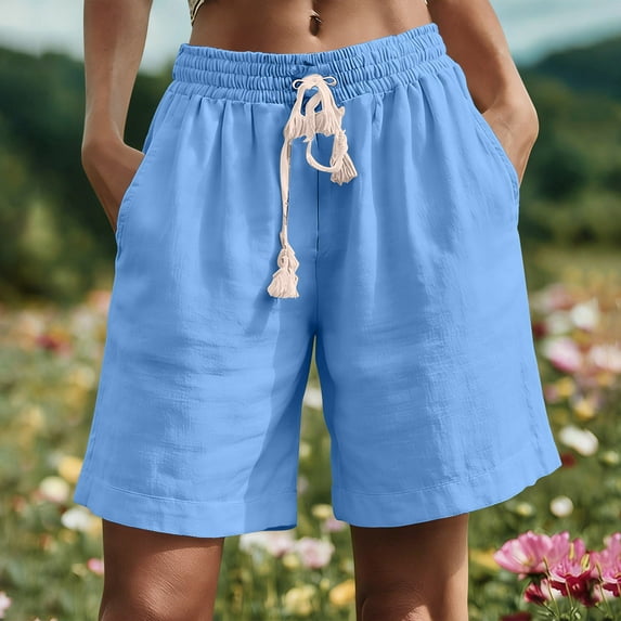 Frnrwgo Womens Shorts with Pockets Summer Drawstring Elastic Waist Outdoor Trousers Comfort Fashion Solid Color Loose Short Pants