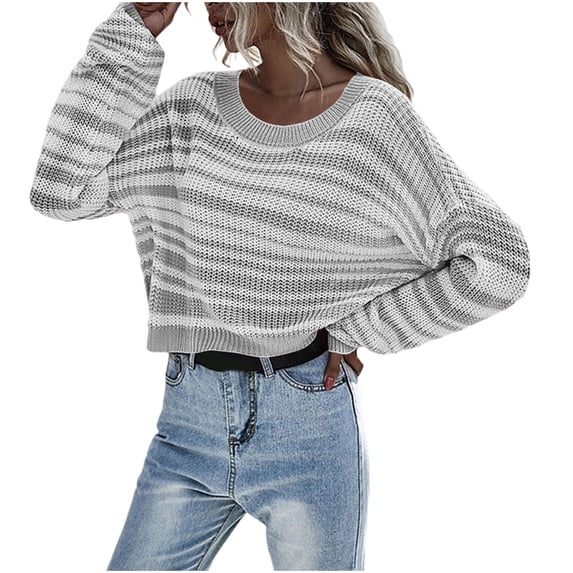 Frnrwgo Womens Sweaters Crew Neck Spring Fashionable Pullover Striped Long Sleeve Soft Loose Fit Tops