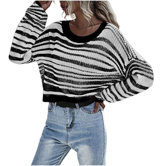 Frnrwgo Womens Sweaters Crew Neck Spring Fashionable Pullover Striped Long Sleeve Soft Loose Fit Tops